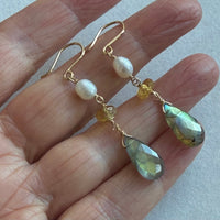 Labradorite, Citrine and Freshwater Pearl Earrings, June November February March Birthstone