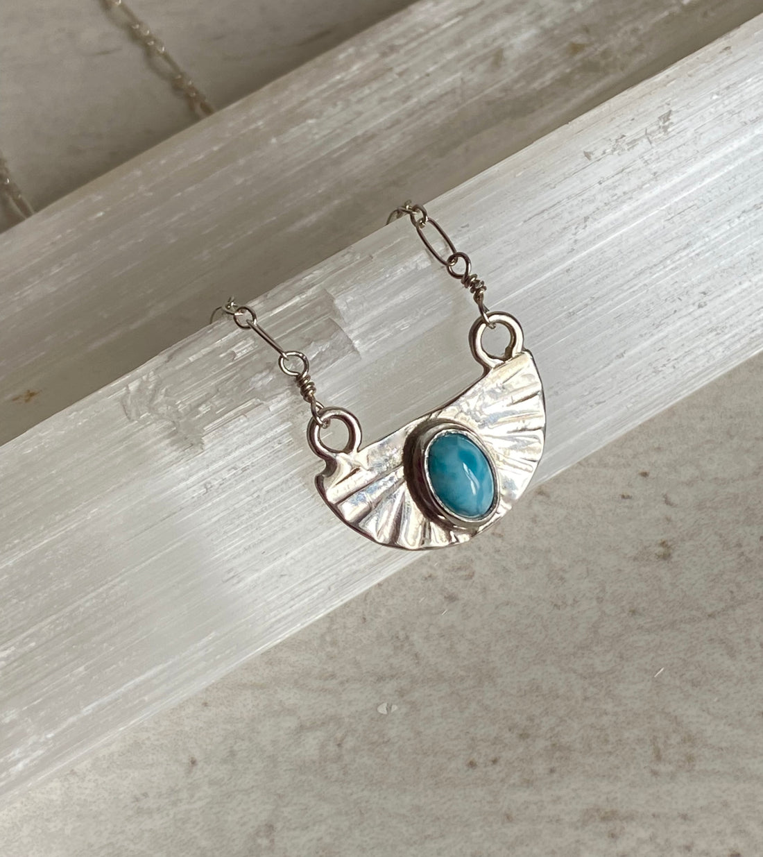 Larimar and Silver Half Sunburst Pendant Necklace