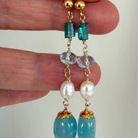Aquamarine, Pearl, Sky Blue Topaz and Indicolite Tourmaline Earrings