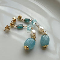 Aquamarine, Pearl, Sky Blue Topaz and Indicolite Tourmaline Earrings