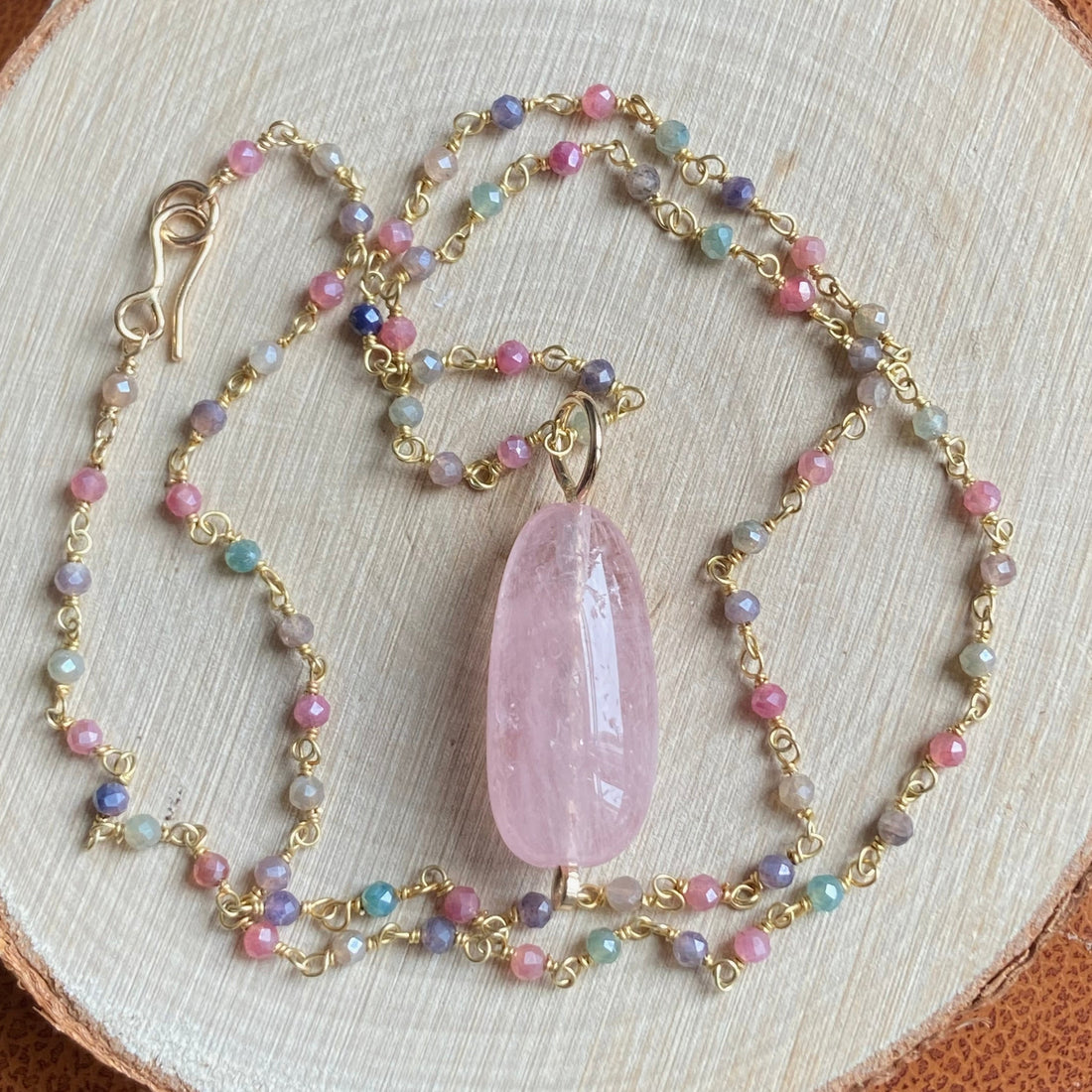 Morganite Pendant with Sapphire Rosary Chain Necklace