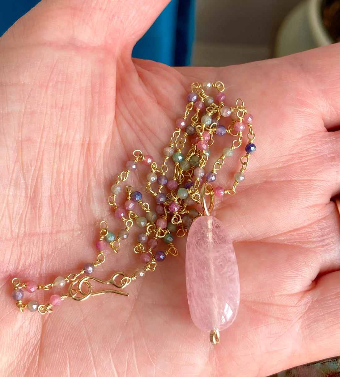 Morganite Pendant with Sapphire Rosary Chain Necklace