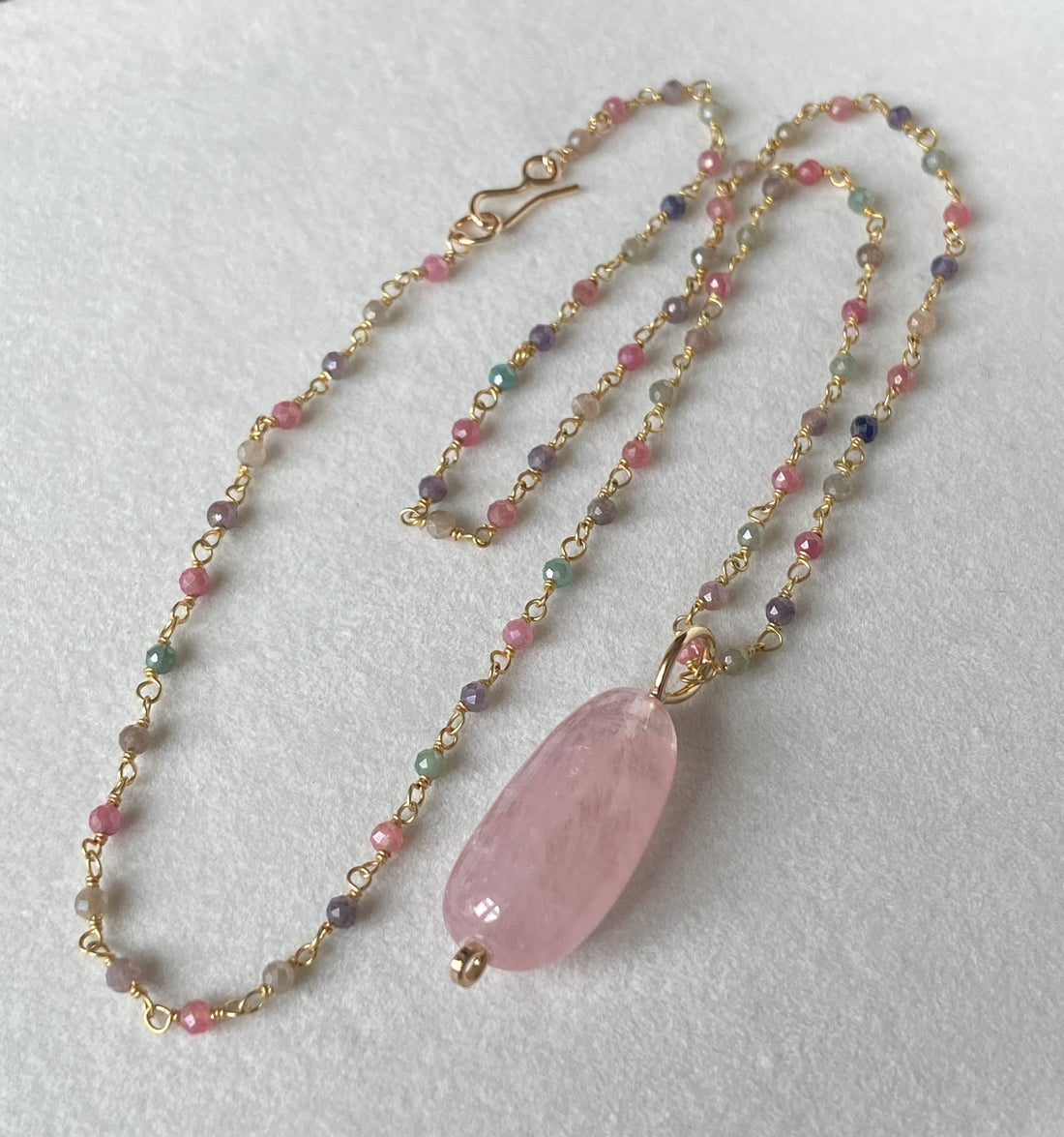 Morganite Pendant with Sapphire Rosary Chain Necklace