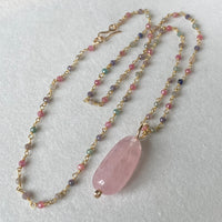 Morganite Pendant with Sapphire Rosary Chain Necklace