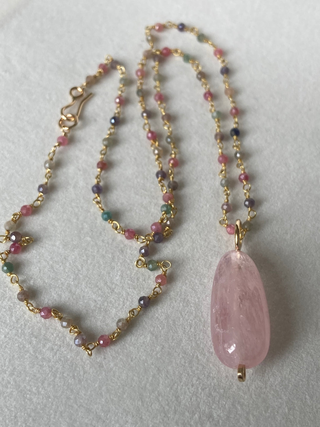 Morganite Pendant with Sapphire Rosary Chain Necklace