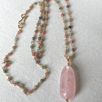 Morganite Pendant with Sapphire Rosary Chain Necklace