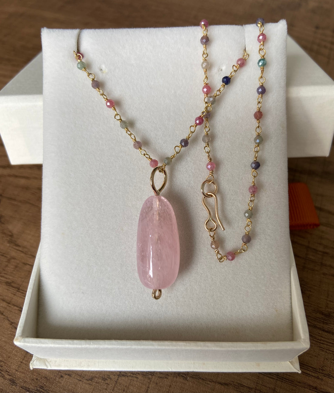 Morganite Pendant with Sapphire Rosary Chain Necklace
