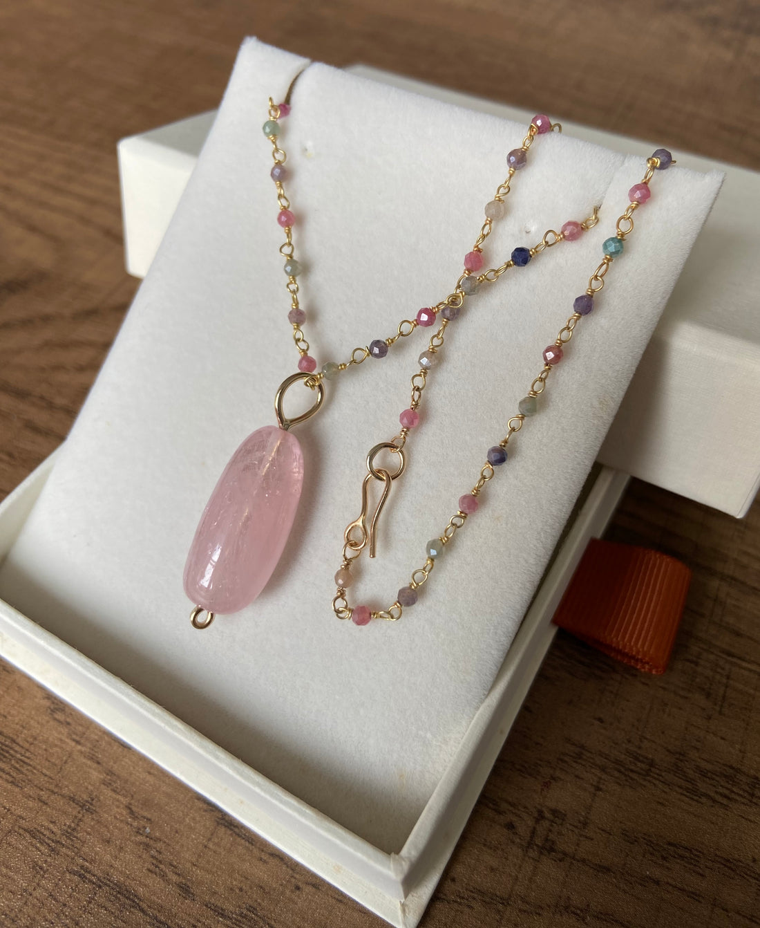 Morganite Pendant with Sapphire Rosary Chain Necklace