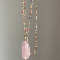 Morganite Pendant with Sapphire Rosary Chain Necklace