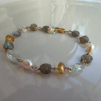 Mixed Natural Gemstones and Freshwater Pearls Bracelet, March November and June Birthstone