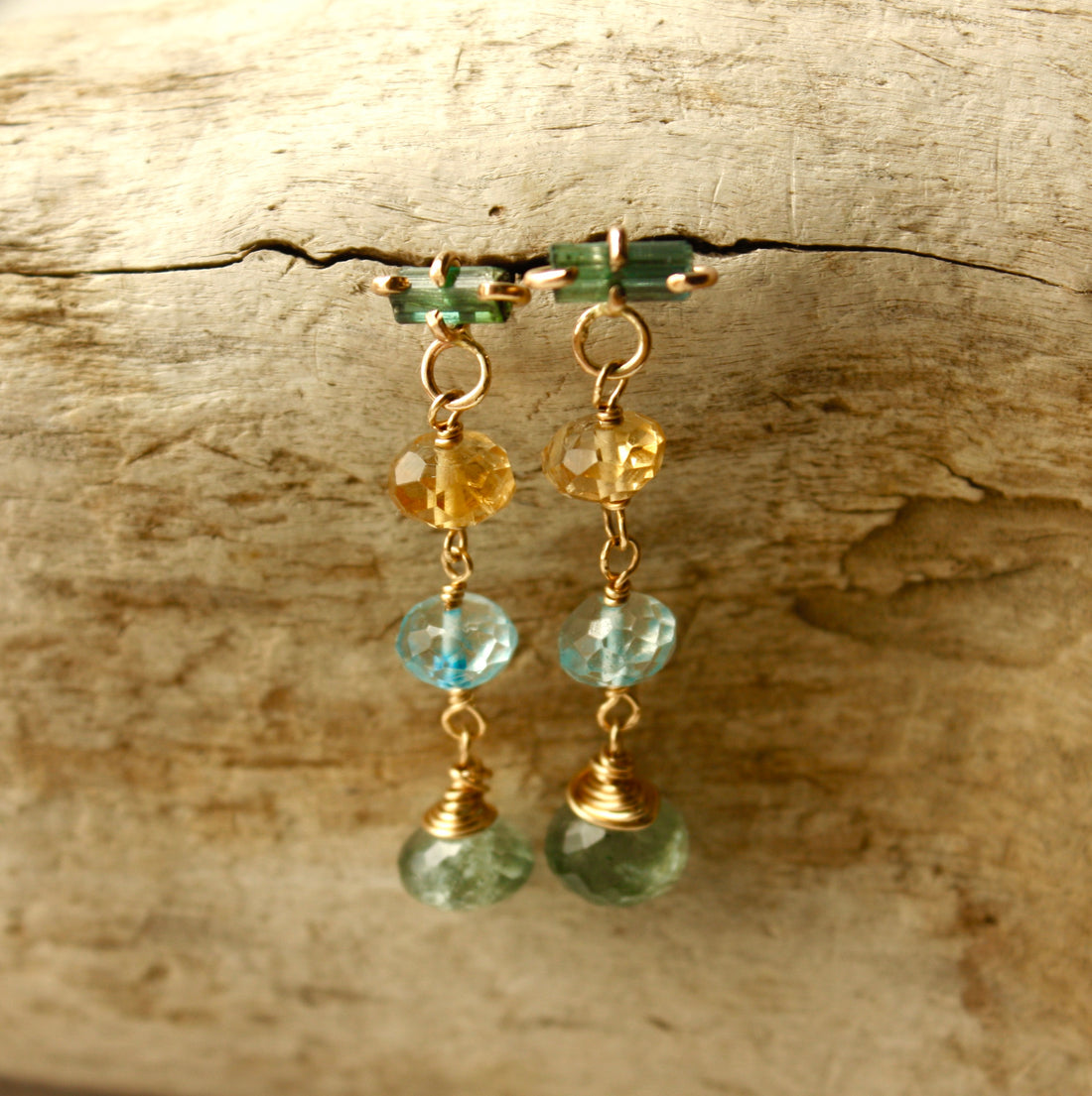 Long Multi Gemstone Earrings with Indicolite Tourmaline, Citrine, Blue Topaz and Moss Aquamarine
