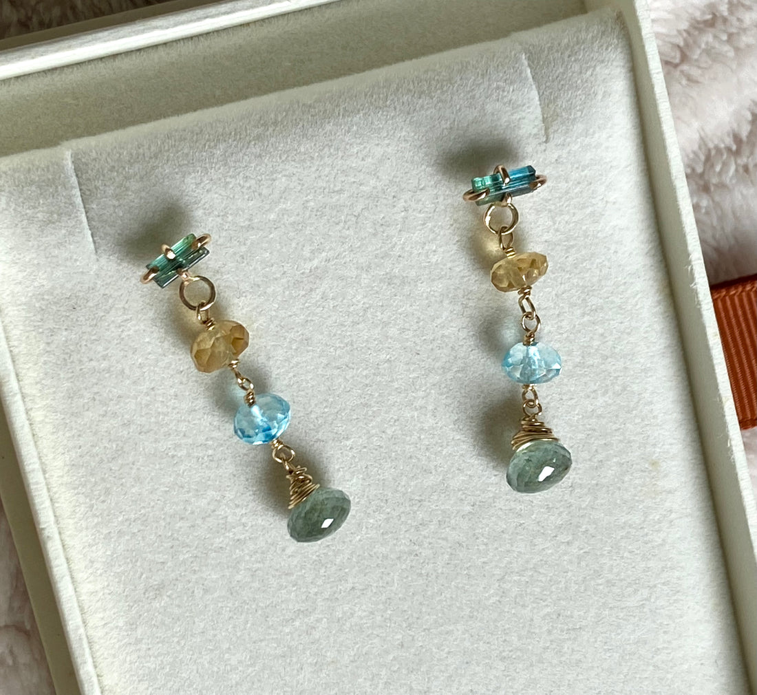 Long Multi Gemstone Earrings with Indicolite Tourmaline, Citrine, Blue Topaz and Moss Aquamarine