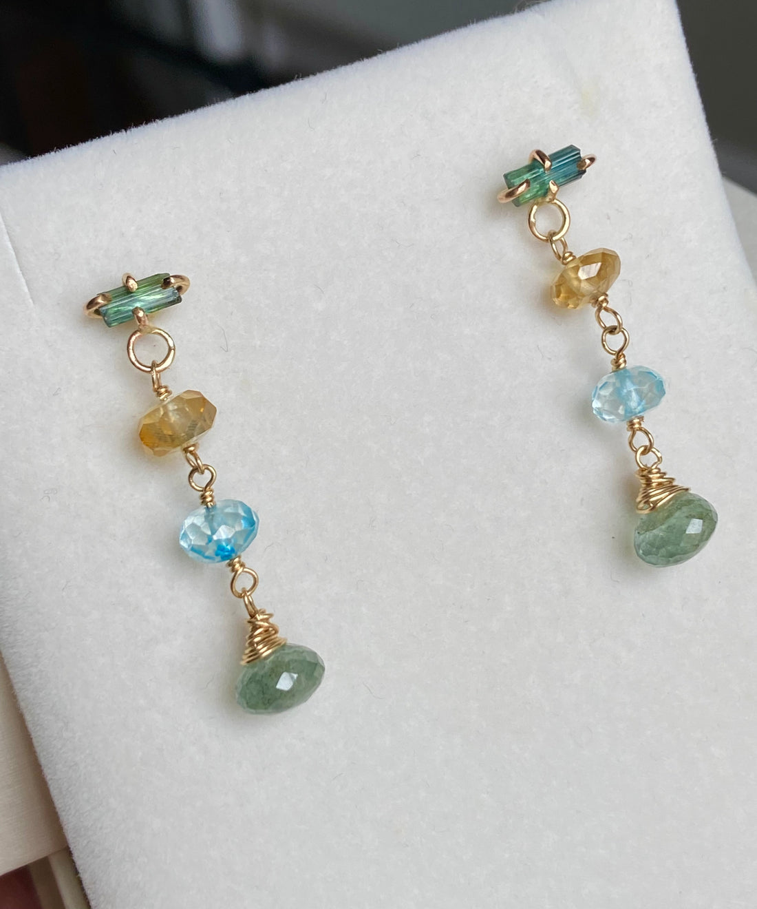 Long Multi Gemstone Earrings with Indicolite Tourmaline, Citrine, Blue Topaz and Moss Aquamarine