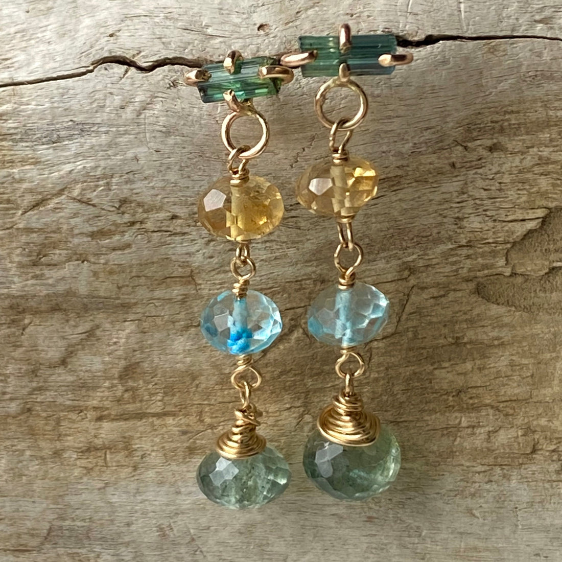 Long Multi Gemstone Earrings with Indicolite Tourmaline, Citrine, Blue Topaz and Moss Aquamarine