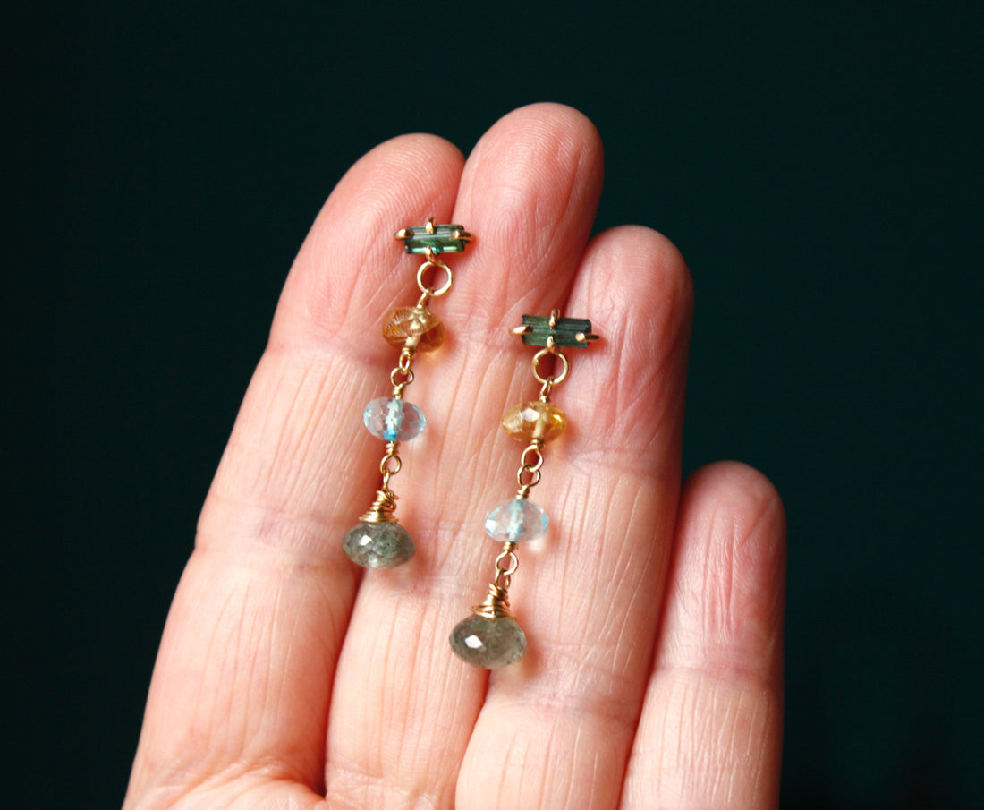 Long Multi Gemstone Earrings with Indicolite Tourmaline, Citrine, Blue Topaz and Moss Aquamarine