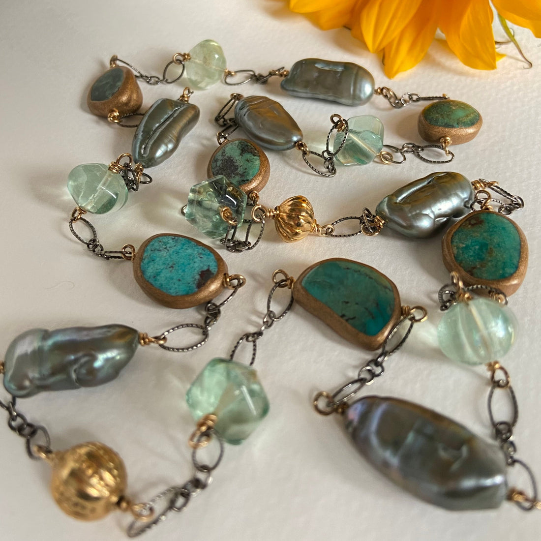 Long Chain Necklace with Turquoise, Sage Green Baroque Pearls and Green Fluorite, December June Birthstone Necklace