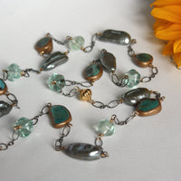 Long Chain Necklace with Turquoise, Sage Green Baroque Pearls and Green Fluorite, December June Birthstone Necklace