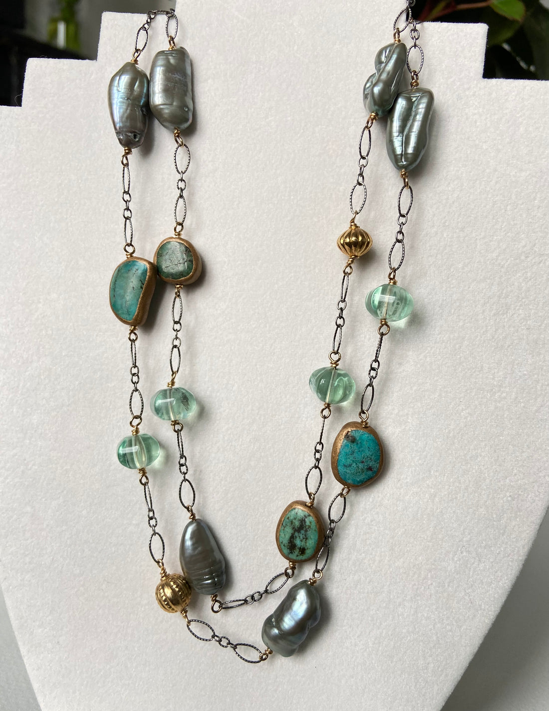 Long Chain Necklace with Turquoise, Sage Green Baroque Pearls and Green Fluorite, December June Birthstone Necklace
