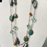 Long Chain Necklace with Turquoise, Sage Green Baroque Pearls and Green Fluorite, December June Birthstone Necklace