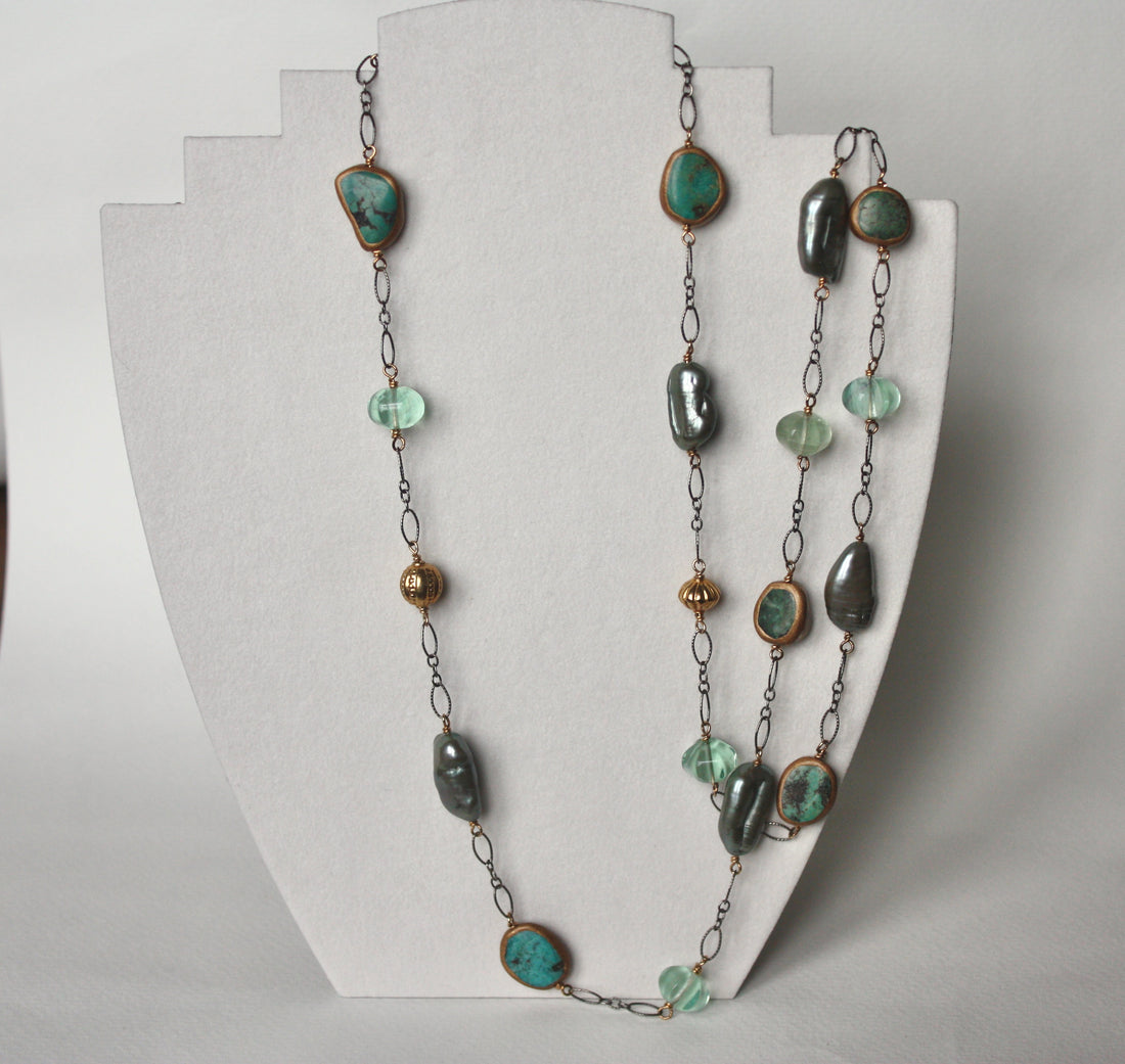 Long Chain Necklace with Turquoise, Sage Green Baroque Pearls and Green Fluorite, December June Birthstone Necklace
