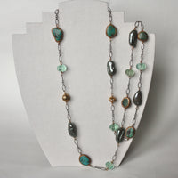 Long Chain Necklace with Turquoise, Sage Green Baroque Pearls and Green Fluorite, December June Birthstone Necklace