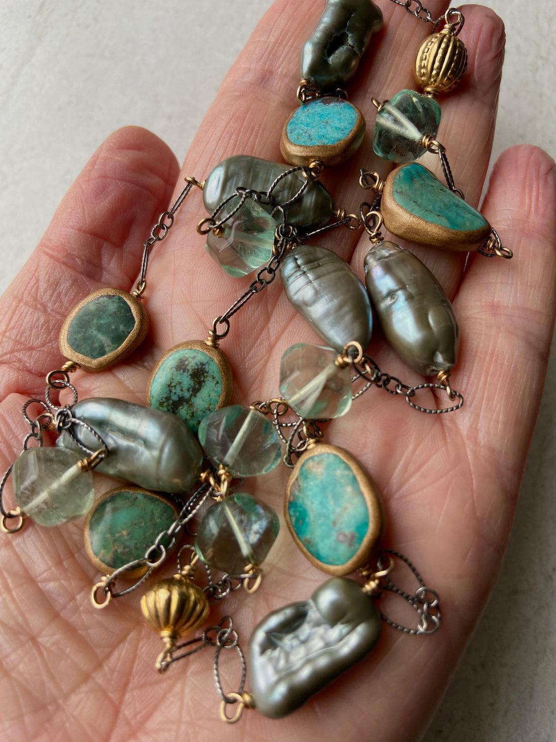 Long Chain Necklace with Turquoise, Sage Green Baroque Pearls and Green Fluorite, December June Birthstone Necklace