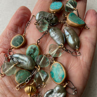 Long Chain Necklace with Turquoise, Sage Green Baroque Pearls and Green Fluorite, December June Birthstone Necklace