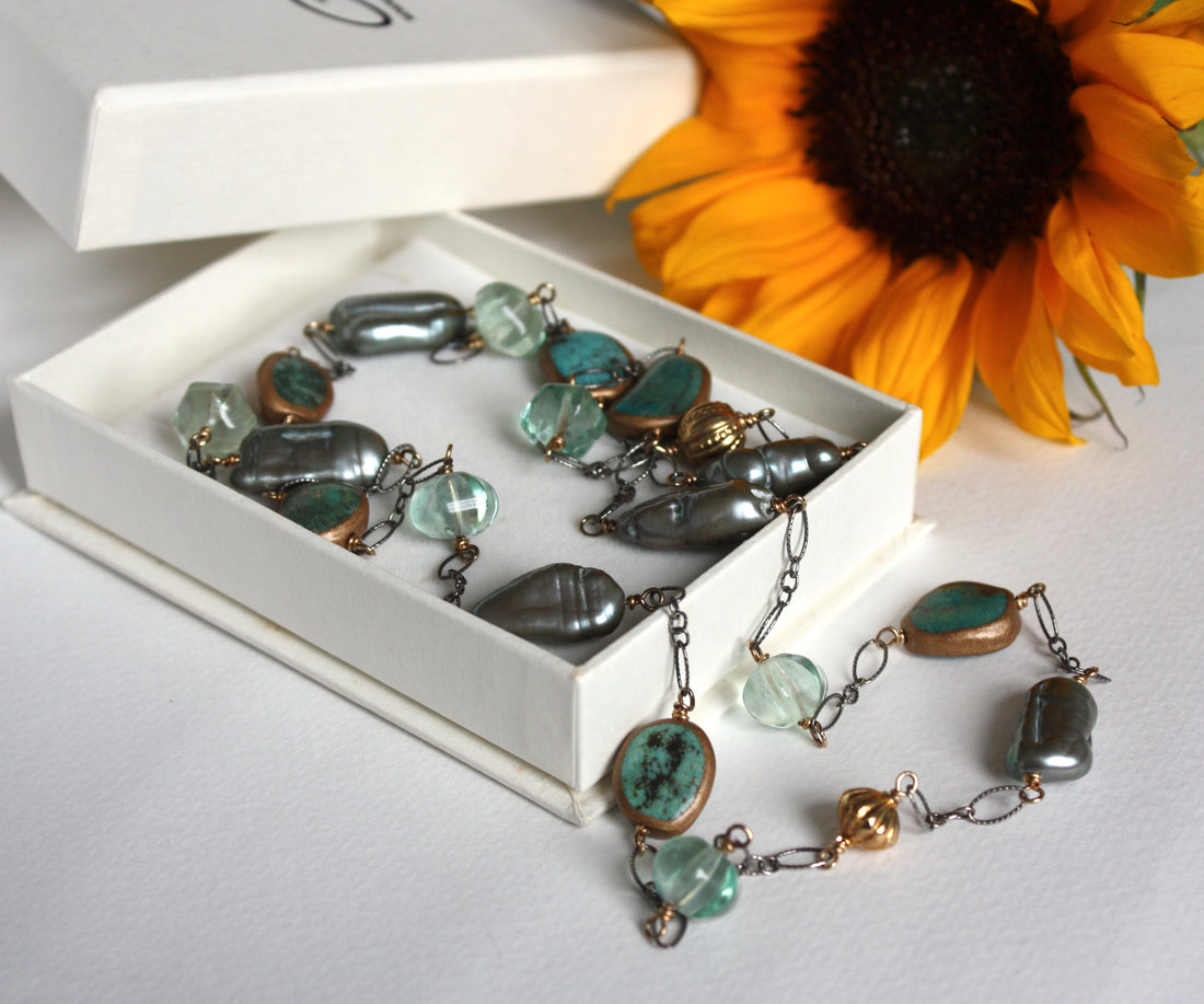 Long Chain Necklace with Turquoise, Sage Green Baroque Pearls and Green Fluorite, December June Birthstone Necklace