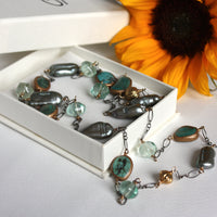 Long Chain Necklace with Turquoise, Sage Green Baroque Pearls and Green Fluorite, December June Birthstone Necklace