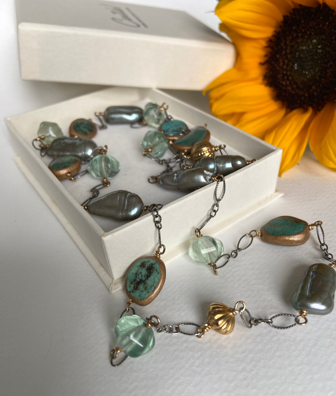 Long Chain Necklace with Turquoise, Sage Green Baroque Pearls and Green Fluorite, December June Birthstone Necklace