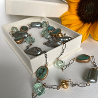 Long Chain Necklace with Turquoise, Sage Green Baroque Pearls and Green Fluorite, December June Birthstone Necklace