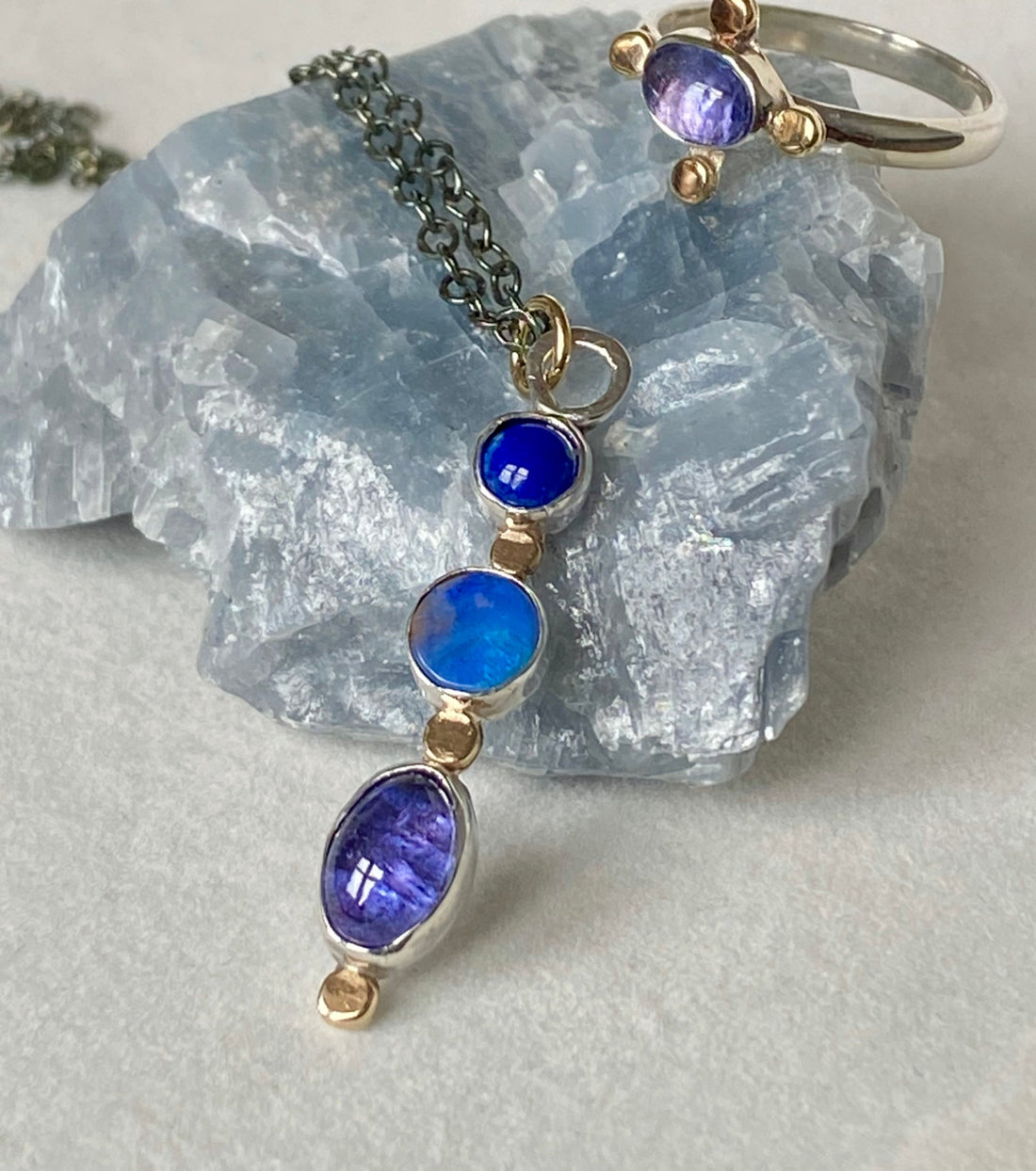 Tanzanite, Australian Boulder Opal and Lapis Lazuli Pendant Necklace, December September October Birthstone Necklace