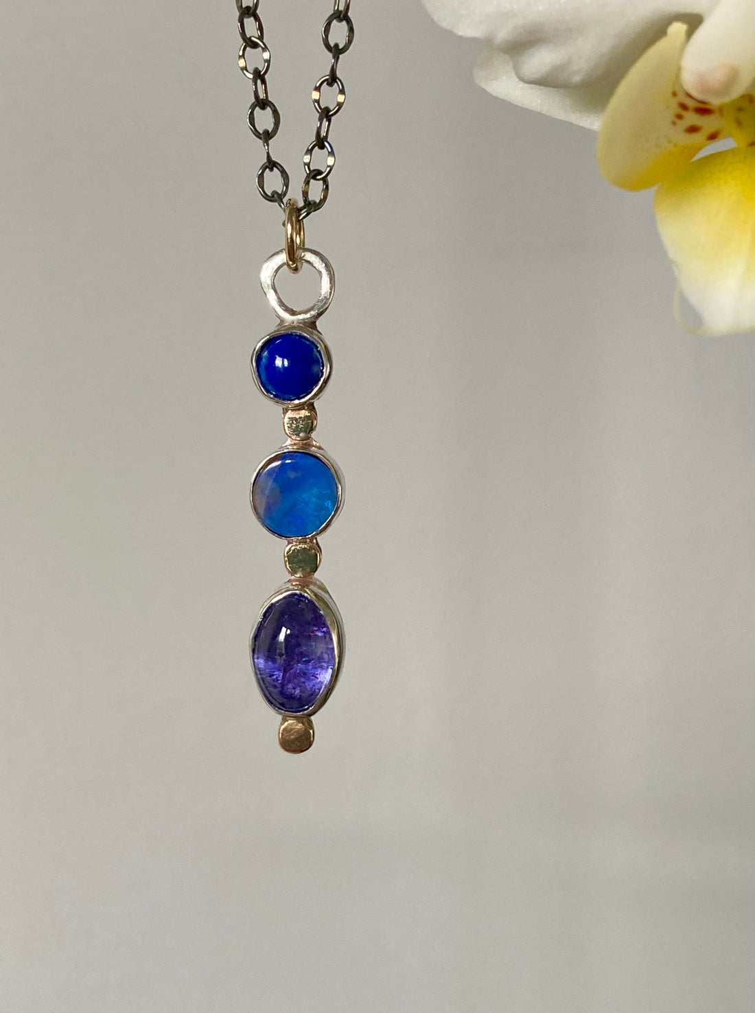 Tanzanite, Australian Boulder Opal and Lapis Lazuli Pendant Necklace, December September October Birthstone Necklace