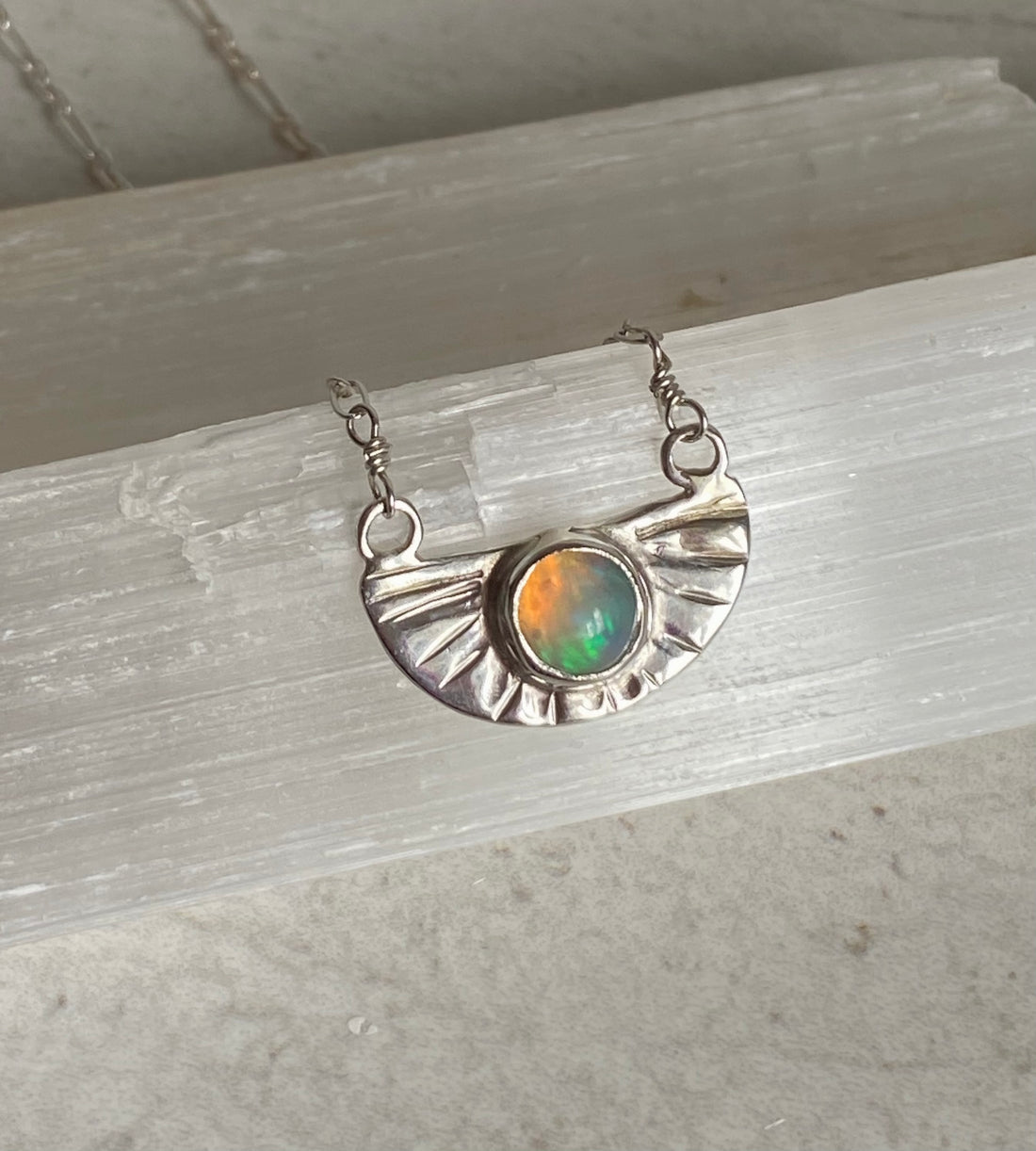 Opal and Silver Half Sunburst Pendant Necklace