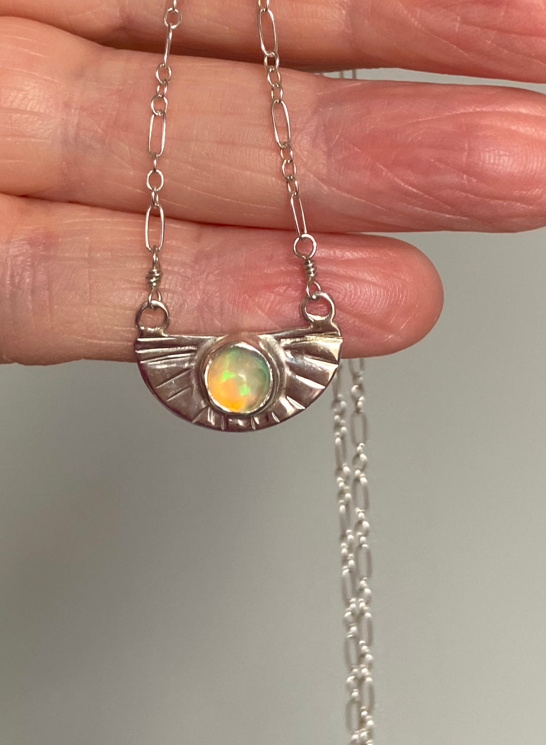 Opal and Silver Half Sunburst Pendant Necklace