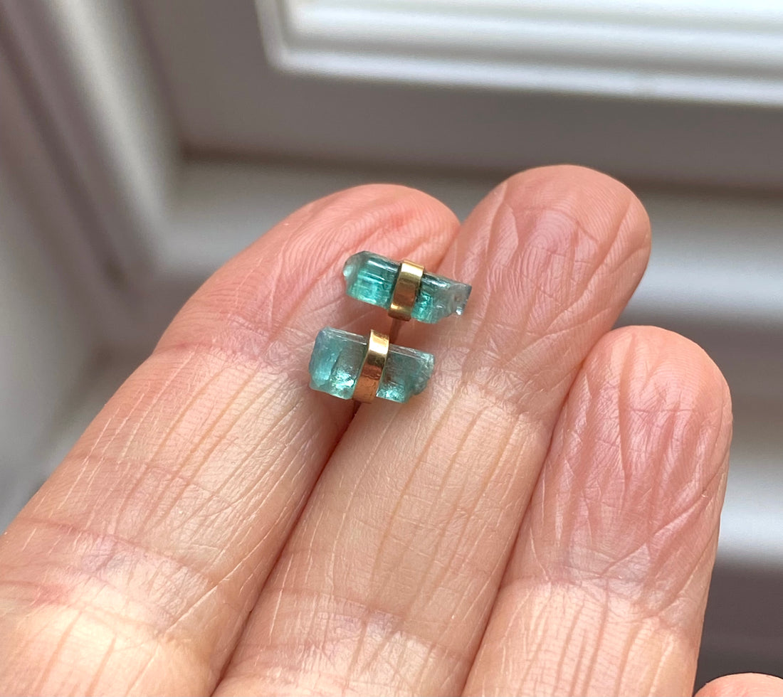 Raw Paraiba Tourmaline Stud Earrings, October Birthstone Earrings