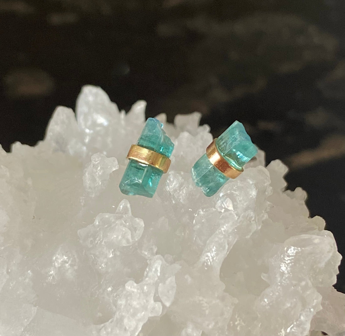 Raw Paraiba Tourmaline Stud Earrings, October Birthstone Earrings