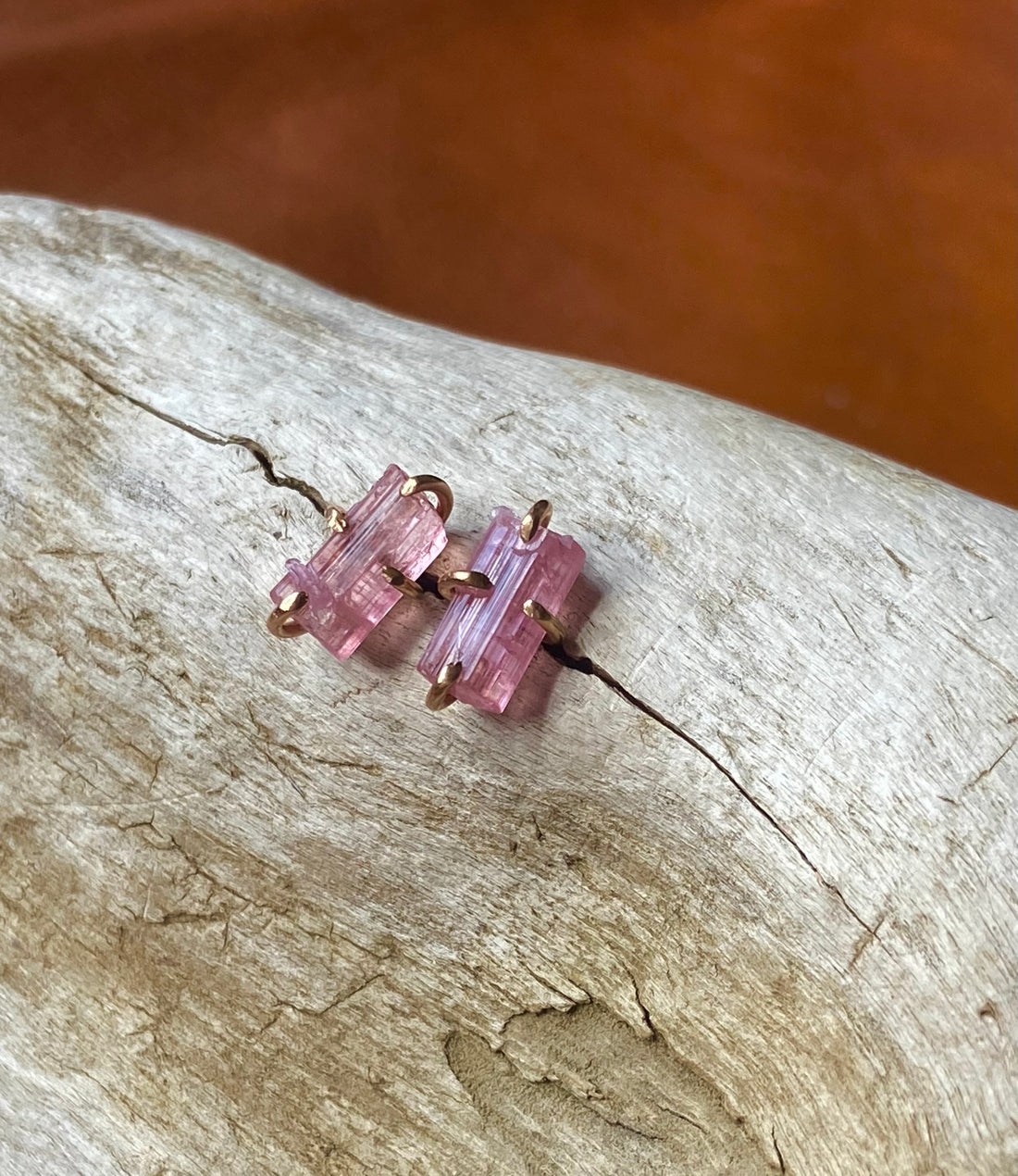 Raw Pink Tourmaline Stud Earrings, October Birthstone Earrings