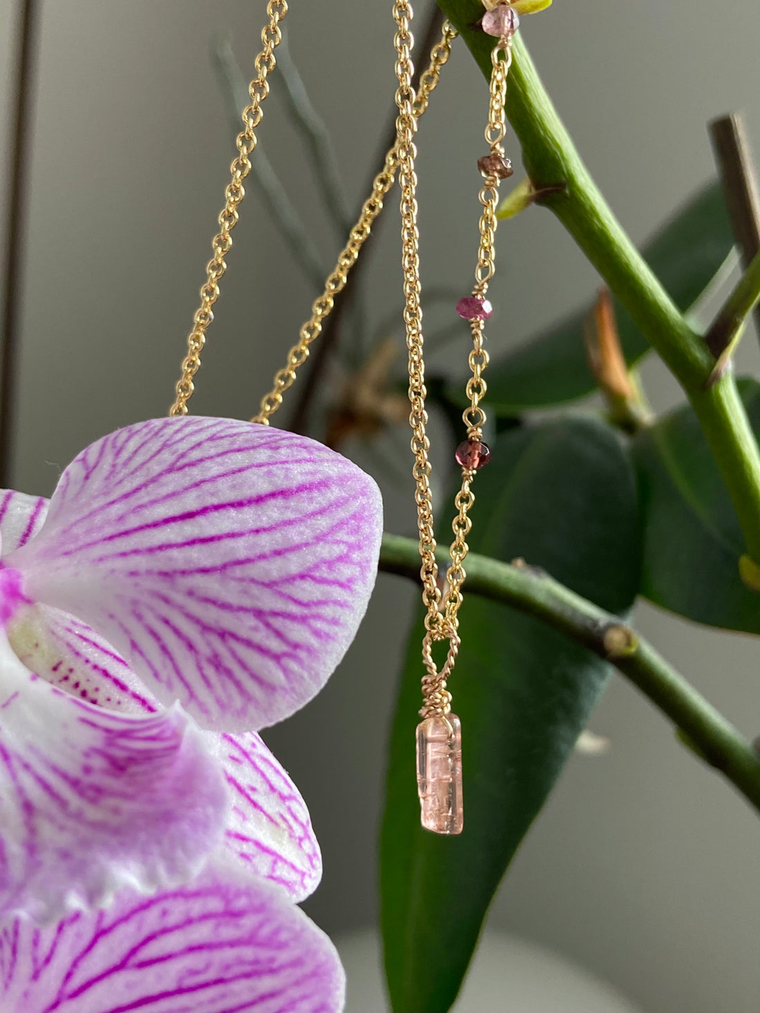 Raw Peachy Pink Tourmaline Crystal Pendant Necklace, October Birthstone Necklace