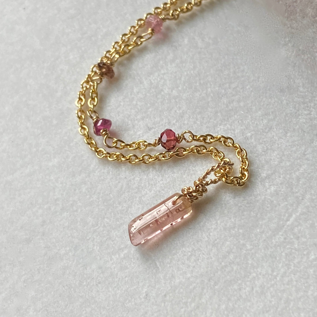 Raw Peachy Pink Tourmaline Crystal Pendant Necklace, October Birthstone Necklace