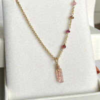 Raw Peachy Pink Tourmaline Crystal Pendant Necklace, October Birthstone Necklace