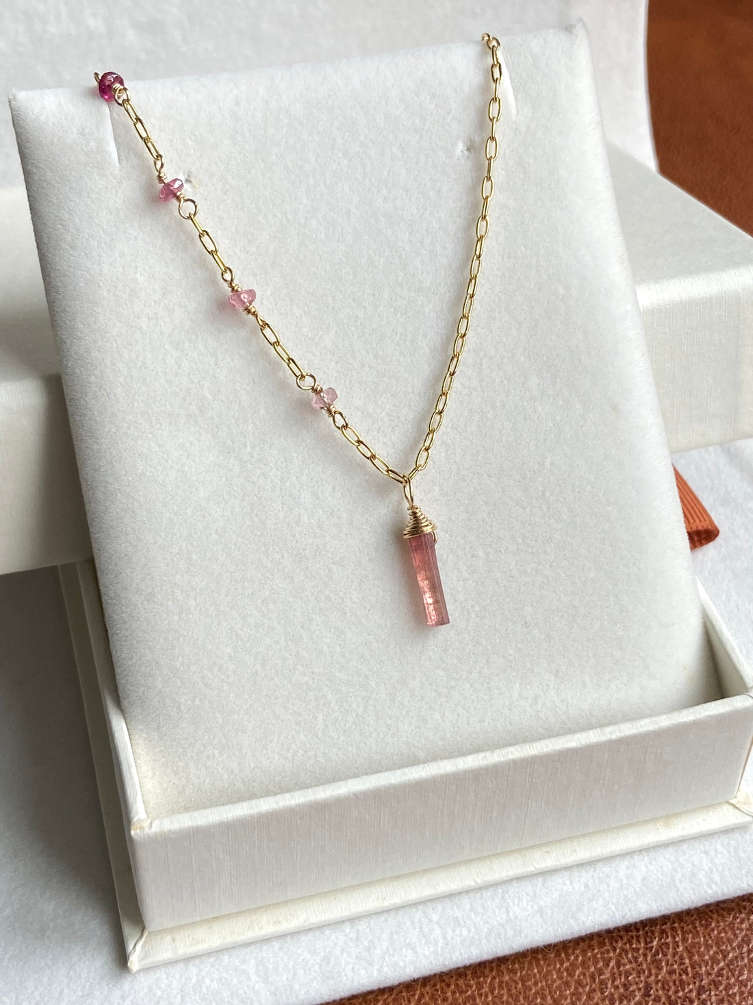 Raw Peachy Pink Tourmaline Crystal Point Pendant Necklace, October Birthstone Necklace