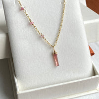 Raw Peachy Pink Tourmaline Crystal Point Pendant Necklace, October Birthstone Necklace