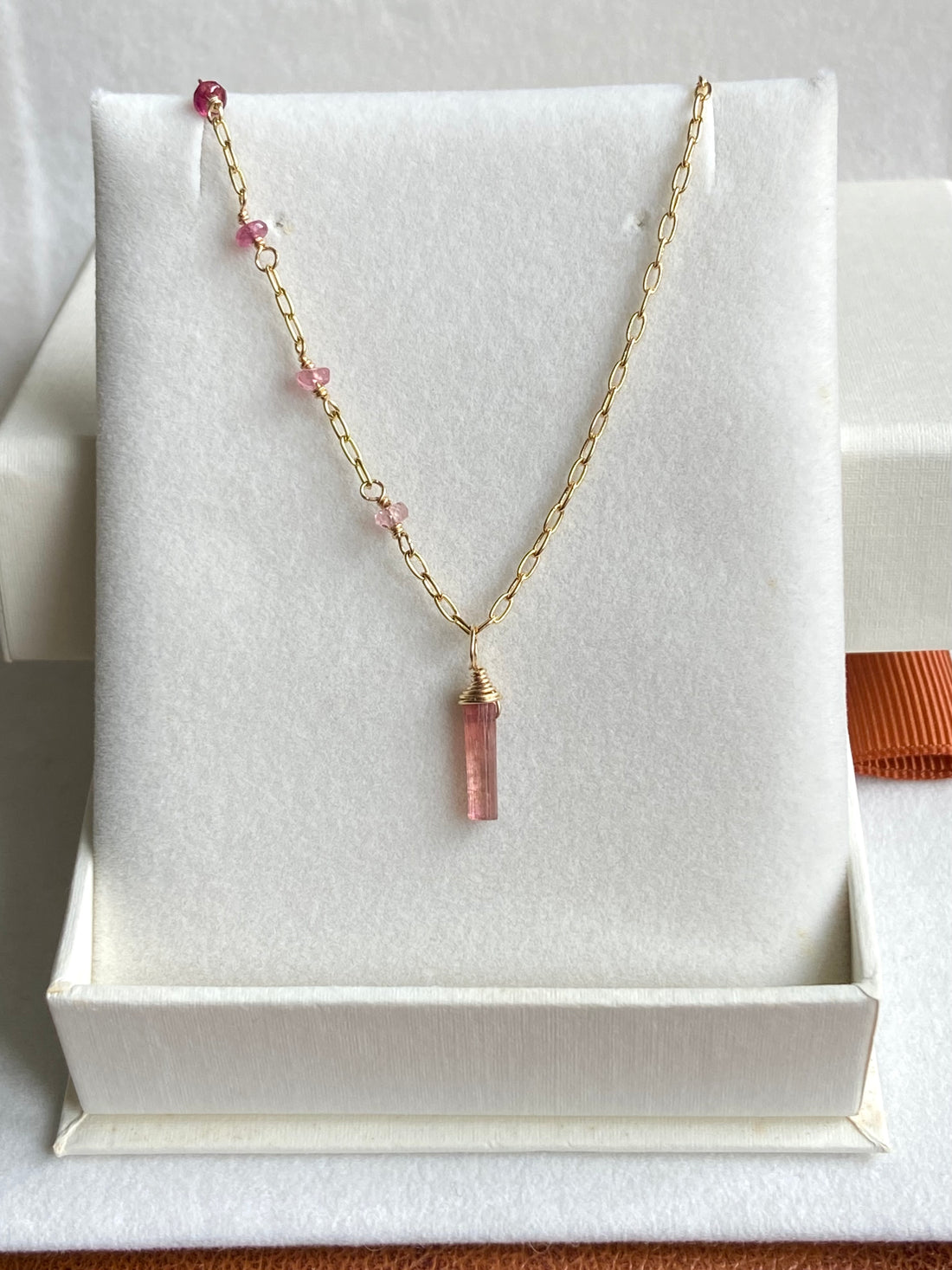 Raw Peachy Pink Tourmaline Crystal Point Pendant Necklace, October Birthstone Necklace