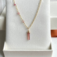 Raw Peachy Pink Tourmaline Crystal Point Pendant Necklace, October Birthstone Necklace
