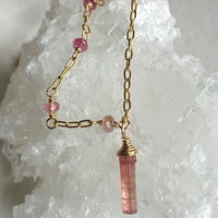 Raw Peachy Pink Tourmaline Crystal Point Pendant Necklace, October Birthstone Necklace