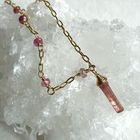 Raw Peachy Pink Tourmaline Crystal Point Pendant Necklace, October Birthstone Necklace