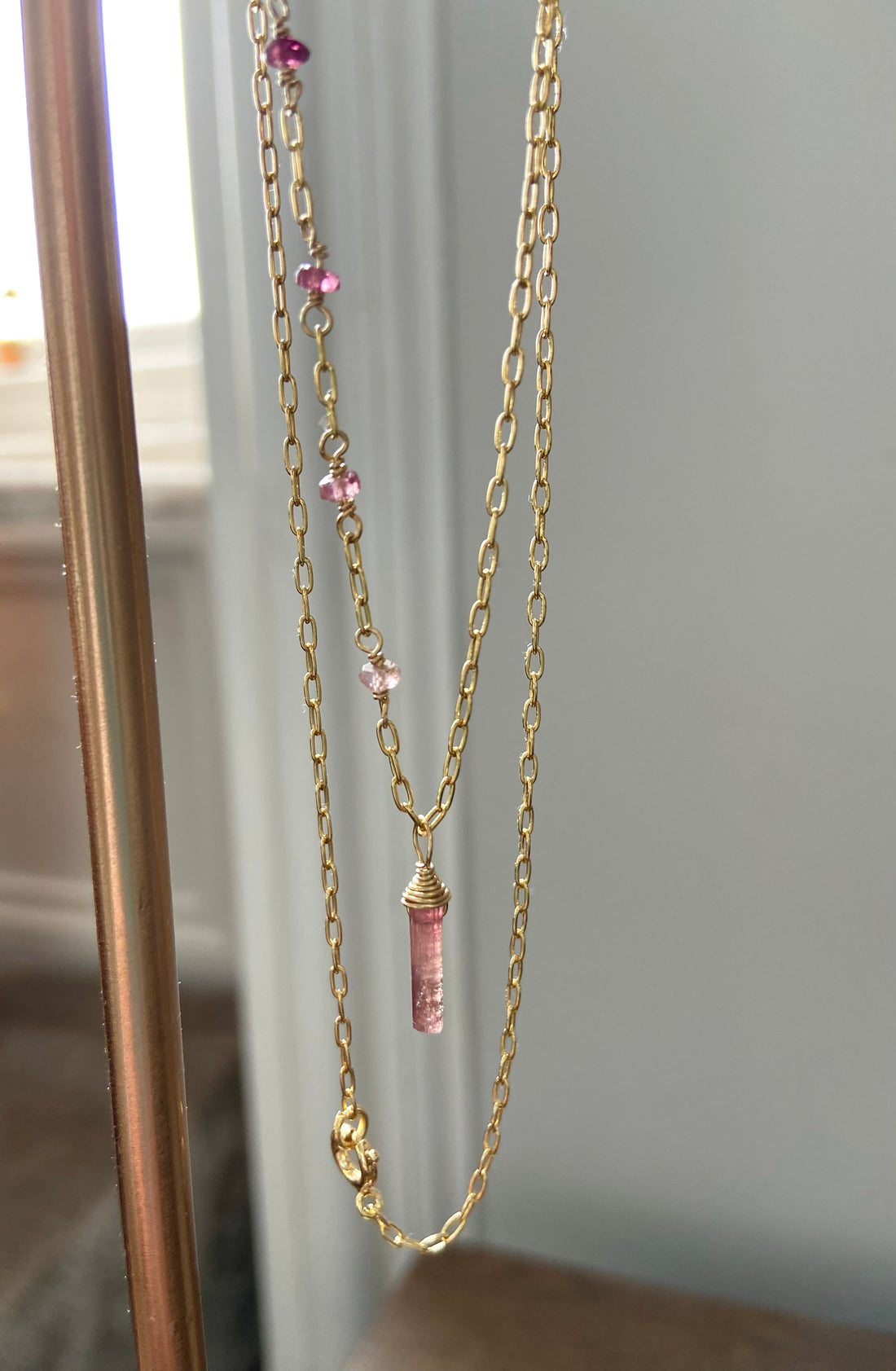 Raw Peachy Pink Tourmaline Crystal Point Pendant Necklace, October Birthstone Necklace