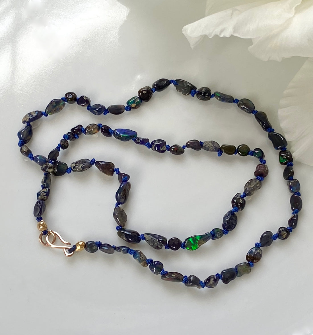 Raw Black Opal Silk Knotted Necklace, October Birthstone Necklace