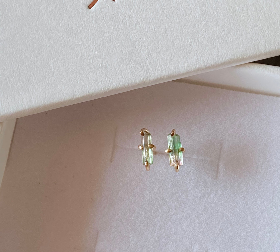 Raw Bicolor Watermelon Tourmaline Stud Earrings, October Birthstone Earrings